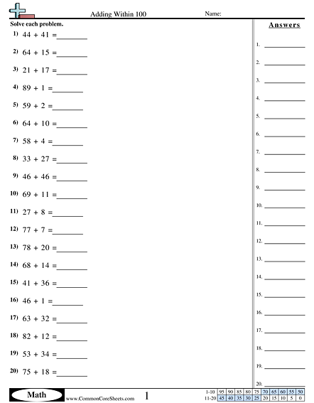Addition Worksheets - Adding Within 100 worksheet